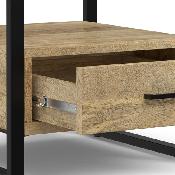 English Elm Riverside Handcrafted Mango Wood Bedside Table with Black Metal Frame, Drawer & Open Storage — Natural Finish B136P203433