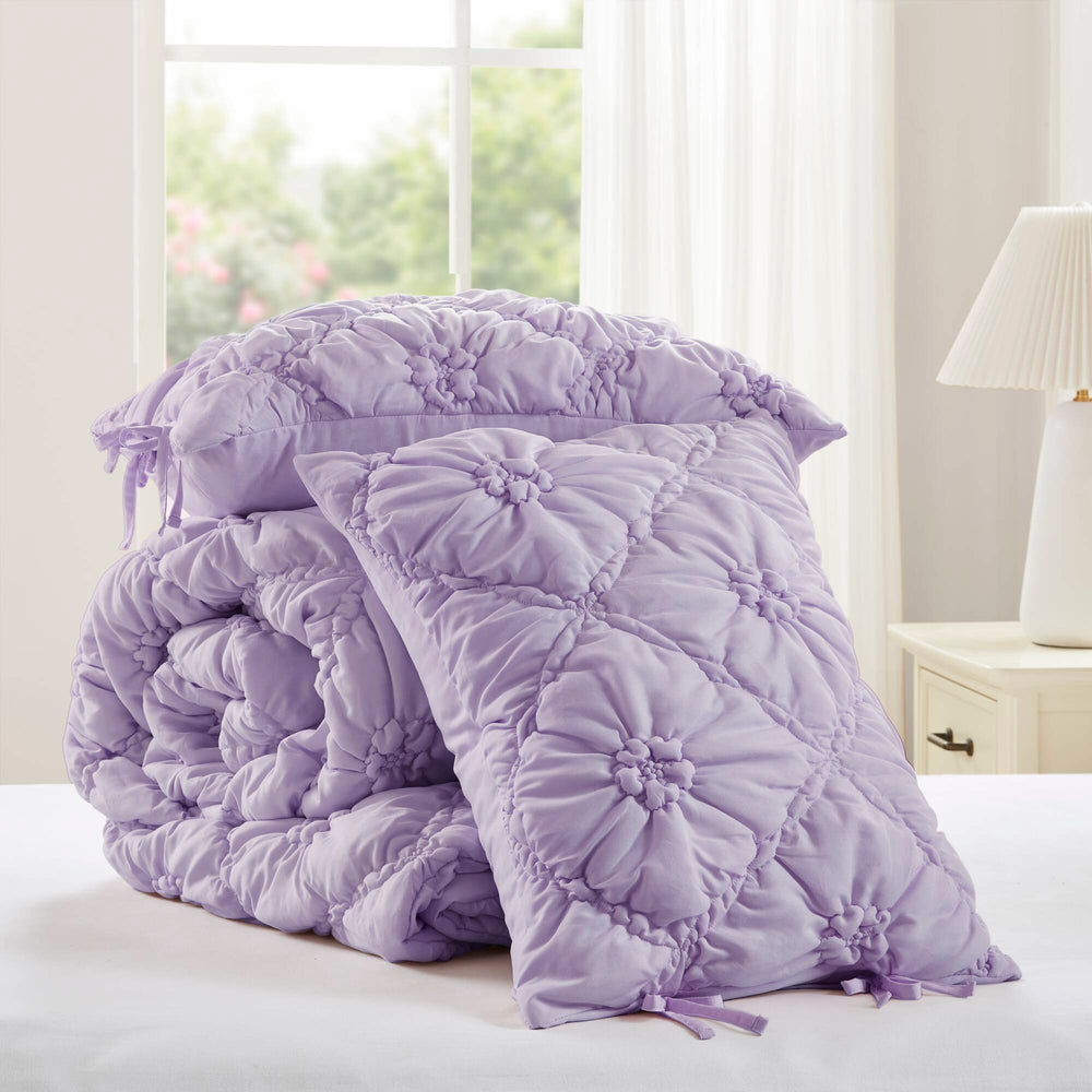 JLA Home Intelligent Design - 3PCS Shabby-Chic Floral Comforter Set with Puffy Quilting, Bow-Tie Accents, Breathable Microfiber Cozy Appeal Purple ID10-2474