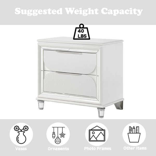 English Elm Tarian Pearl White Nightstand with Acrylic Crystal Legs, 2 Drawers, Modern Elegant Design, Durable Construction B2726P269292