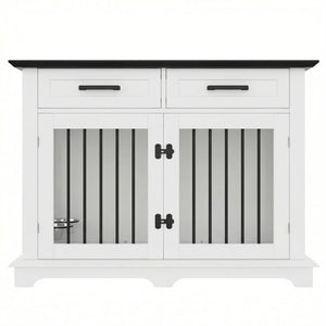 English Elm 44.48" Wooden Dog Crate End Table with Drawers Rotating Bowls Farmhouse Pet Kennel Black,White N704P379112K