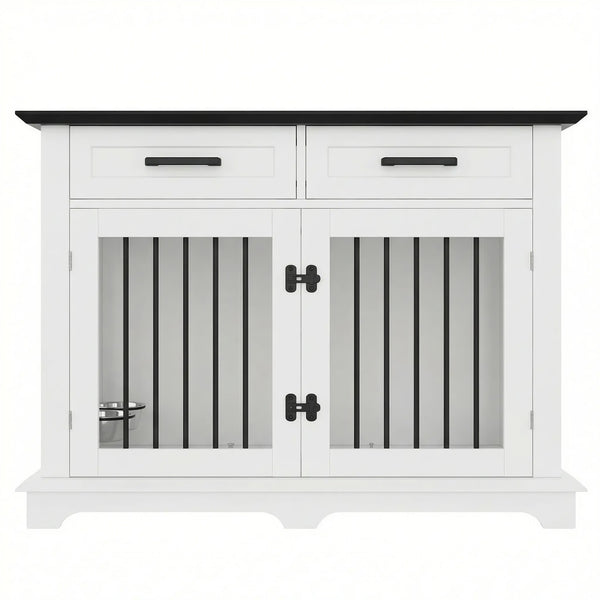 English Elm 44.48" Wooden Dog Crate End Table with Drawers Rotating Bowls Farmhouse Pet Kennel Black,White N704P379112K