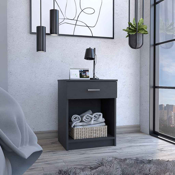 English Elm Eco Nightstand with Spacious Drawer and Open Shelf, Compact 21.7" Height Durable Laminated Finish Black 25.6 L x 18.5 W x 5.5 H B20091851