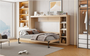 English Elm Full Full Size Murphy Bed with Bookshelf and Fold-Down Work Surface, Space-Saving LVL/MDF Design Natural GX002220AAN