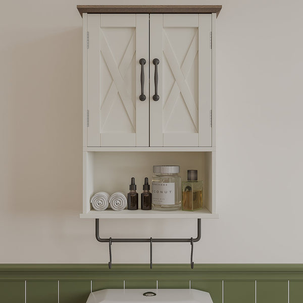 English Elm Farmhouse Vintage Wall Cabinet with Towel Rack, 3 Hooks & Adjustable Shelf — Beige Brown MDF Storage T3771P352295
