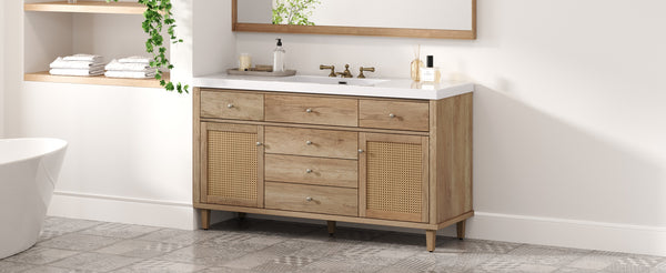 English Elm Christopher Knight Home® - 60" Modern Bathroom Vanity with Durable SMC Sink, Rattan Doors, Soft-Close Drawers, Pine Legs Antique Natural N817P296130N