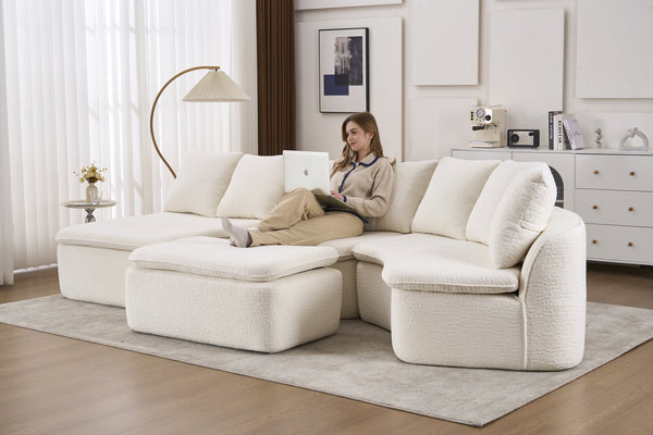 English Elm 133'' Modular U-shaped Sectional Chenille Sofa with Removable Recliner for Spacious Rooms Milk White W2231S00050