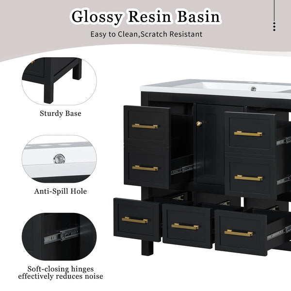 English Elm 36'' Bathroom Vanity with Resin Sink, Solid Wood Frame, 5 Drawers, Soft-Close Doors, Gold Knobs, Spacious Storage Black SW000142AAB-1