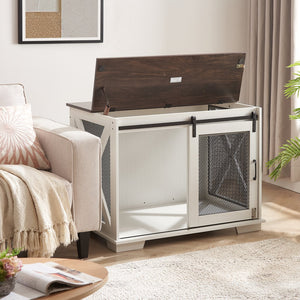 English Elm Farmhouse Dog Cage Crate Furniture with Sliding Barn Door, Secure Metal Latch, Flip-Up Top Access and Removable Divider for Small to Large Dogs (40.94x30.51x6.69) White W2275P164726
