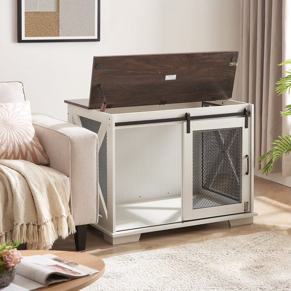 English Elm Farmhouse Dog Cage Crate Furniture with Sliding Barn Door, Secure Metal Latch, Flip-Up Top Access and Removable Divider for Small to Large Dogs (40.94x30.51x6.69) White W2275P164726