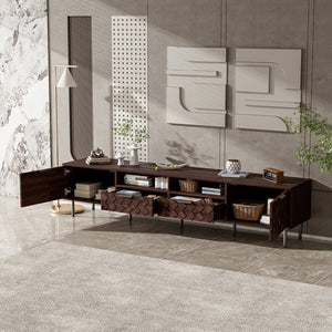 English Elm 78 Inch Walnut Media Console with Slatted Doors Iron Legs and Cable Management N710P373605Q