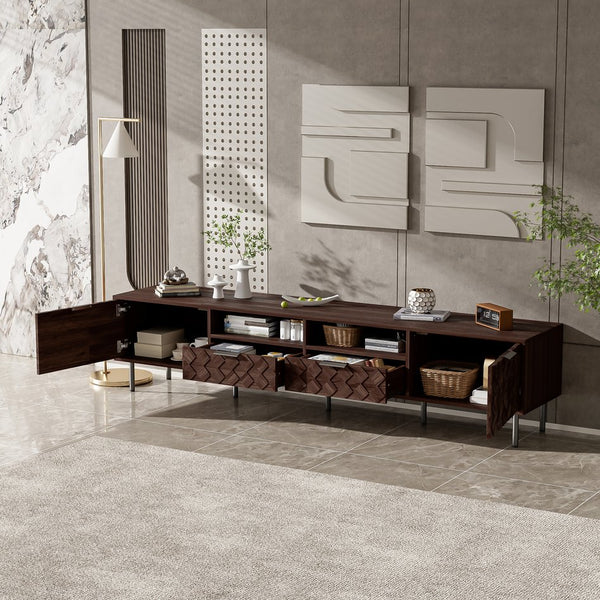 English Elm 78 Inch Walnut Media Console with Slatted Doors Iron Legs and Cable Management N710P373605Q