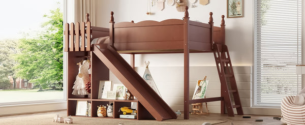 English Elm Twin Loft Bed Solid Pine Frame with Wardrobe Shelving Detachable Slide Kids Room Antique Natural W5305S00025