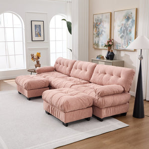 English Elm U Shaped Modular Cloud Sectional Deep Seat Flannelette Sofa with Rounded Bolster Armrests Pink W2120S00040