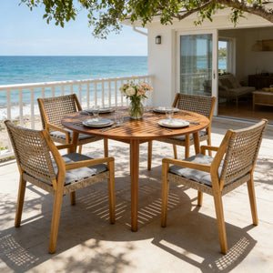 English Elm Modern Acacia Wood Round Patio Dining Set with Wicker Armchairs and Uv Resistant Cushions N770PS597R119