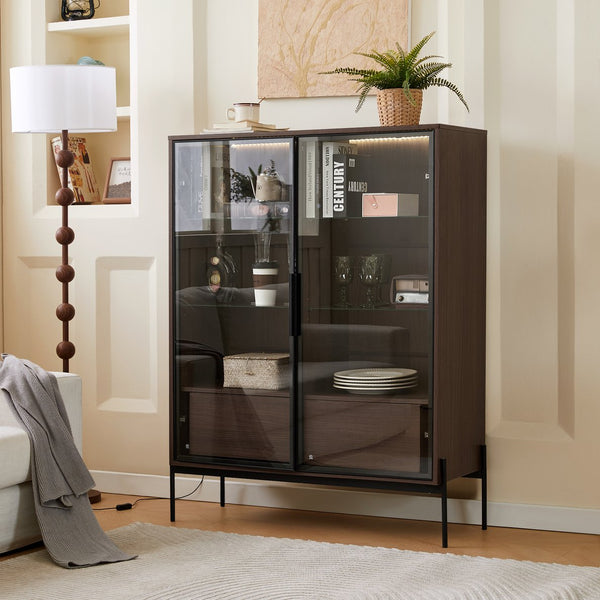 English Elm 51.2'' Freestanding Display Cabinet With Led Lights, Adjustable Glass Shelves & Hidden Storage – Walnut N845P261794D