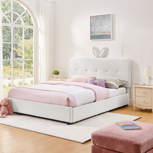 English Elm Queen Boucle Upholstered Kids Bed with Rabbit Ear Headboard Led Lighting Storage Drawers Beige W1413P384927