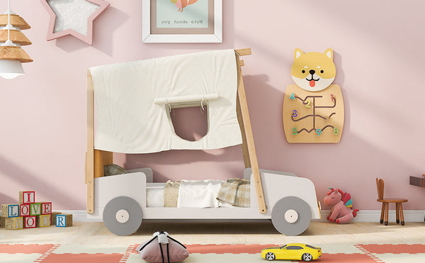 English Elm Wood Twin Car Bed with Pillow, Ceiling Canopy & LED Night Lights, Solid Pine Frame, Fun Kids Ride Bed - Twin Size, Natural Finish WF309288AAM