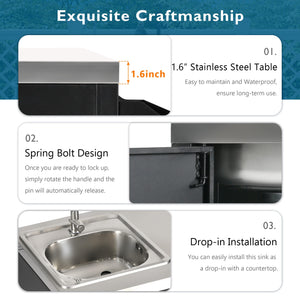 English Elm K&K Outdoor Kitchen Island with 304 Sink, Thick Stainless Top, Spice Rack, Trash Holder, Locking Wheels, BBQ Prep Station N707P270780B