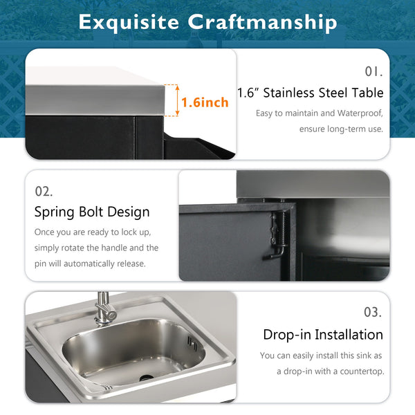 English Elm K&K Outdoor Kitchen Island with 304 Sink, Thick Stainless Top, Spice Rack, Trash Holder, Locking Wheels, BBQ Prep Station N707P270780B