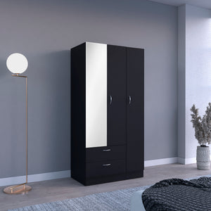 English Elm Riverside Mirrored Armoire with Three Doors, Two Drawers, Four Shelves and Hanging Rod for Wardrobe Organization Black 71 L x 16.9 W x 3.9 H B070S00215