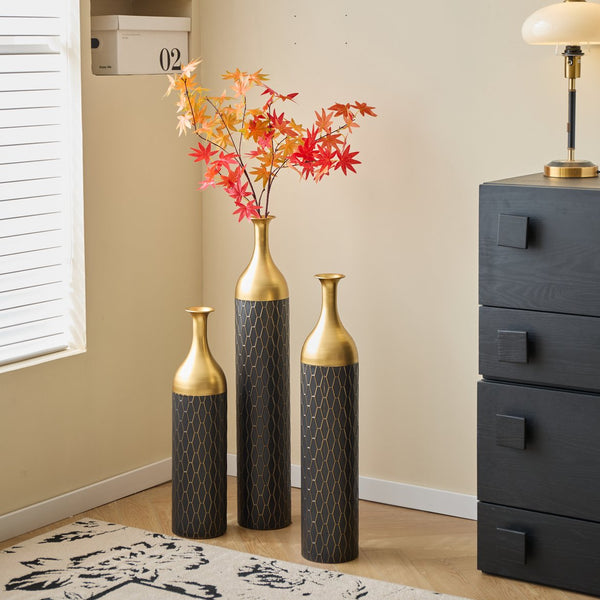 English Elm Black Black and Gold Metal Vase Set of 3 Tall Cylinder Floor Vases – Glam Textured Wedding & Home Décor W2796P278078