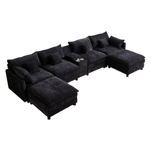 English Elm 145-inch U-shaped Sectional Sofa Seven Piece Woolen Set with Console and Memory Foam Black W2564S00051