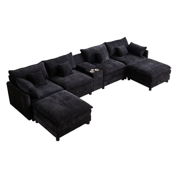 English Elm 145-inch U-shaped Sectional Sofa Seven Piece Woolen Set with Console and Memory Foam Black W2564S00051