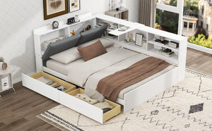 English Elm Wood Full Size platform bed with storage headboard, built-in shelves and drawers, sturdy pine frame, compact solution for small rooms White GX002054AAK