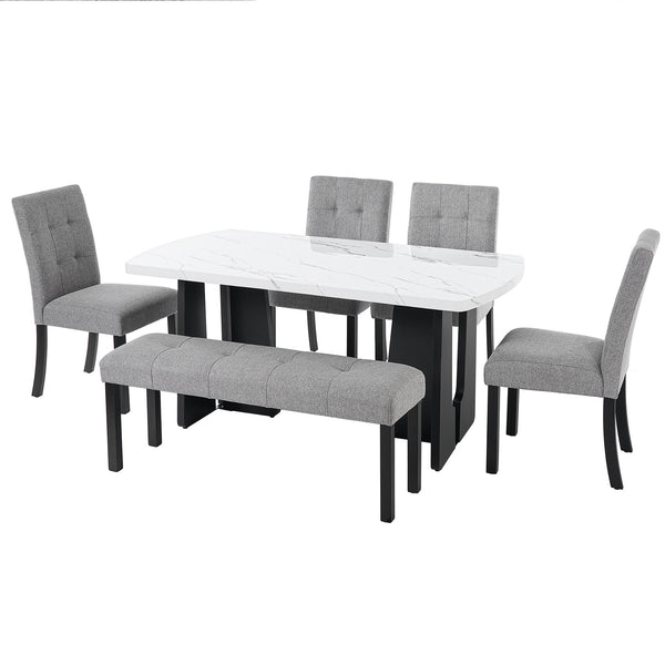 English Elm 6 Piece Dining Set with Rectangular Solid Wood Table, Upholstered Chairs & Bench, Rustic Charm, Easy Assembly, Seats 6 Gray,White N752S000011E