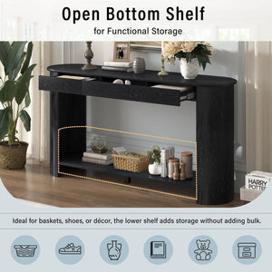 English Elm U_style Oak Veneer Console Table with 3 Drawers Open Shelf Entryway Hallway Storage Black N711P395523B