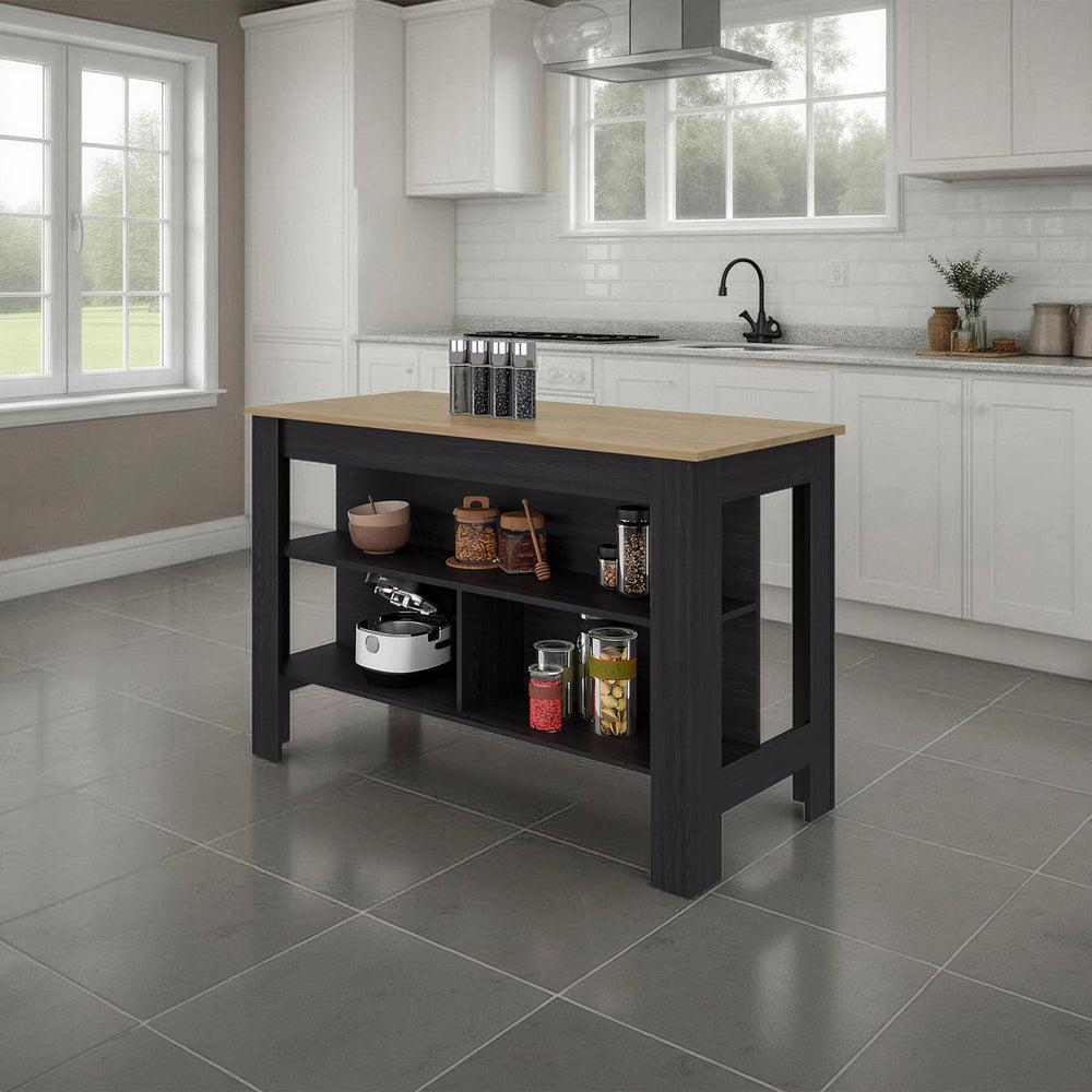 English Elm White Two-tone Oak Veneer Kitchen Island with Open Shelf for Modern Cooking Spaces B062P483742