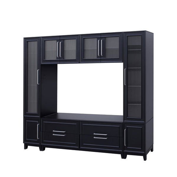 English Elm Vibe Haus Fluted Glass Wall Unit Tall Mdf Entertainment Console for Living Room N893S000011B