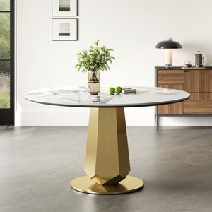 English Elm 53 Inch Round Smoked Glass Dining Table with Gold Steel Base Seats Eight W2700S00092