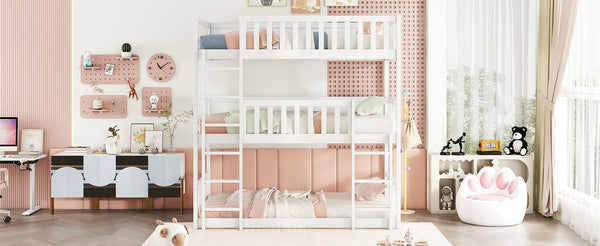 English Elm Twin Triple Rubberwood Bunk Bed with Ladders & Guardrails, Space-Saving Modular Design for Families White W504S00171