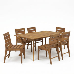 English Elm 7 Piece Outdoor Acacia Wood Dining Set Teak Finish Slatted Table Six Patio Chairs N773OD00146T