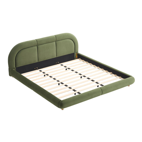 English Elm King Curved Velvet Upholstered Low Profile Platform Bed Sculpted Headboard Modern Green W5632P452163
