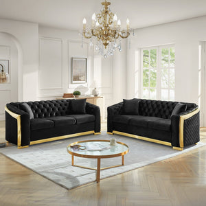 English Elm 84" Velvet Tufted Chesterfield Sofa Mid Century Three Seat Gold Trim Living Room Black W1191S00112