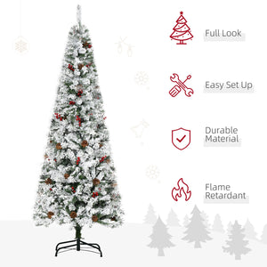 English Elm Homcom 6' Slim Snow Flocked Christmas Tree With 600 Realistic Pine Branches, Pine Cones & Berries W2225P229522