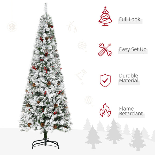 English Elm Homcom 6' Slim Snow Flocked Christmas Tree With 600 Realistic Pine Branches, Pine Cones & Berries W2225P229522