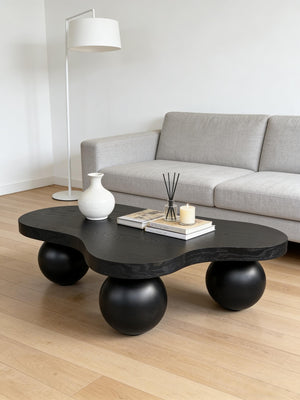 English Elm 46 Inch Cloud Shaped Coffee Table with Ash Veneer Top and Sculptural Sphere Legs Black W3935S00006