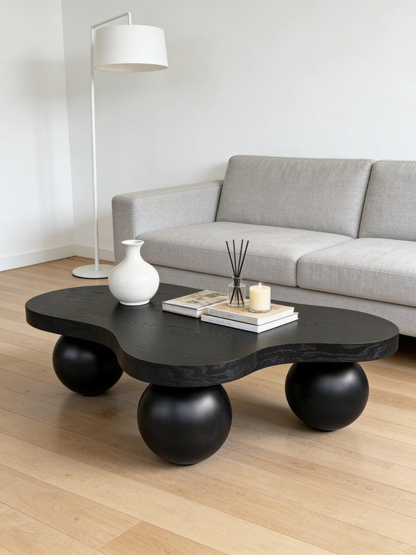 English Elm 46 Inch Cloud Shaped Coffee Table with Ash Veneer Top and Sculptural Sphere Legs Black W3935S00006