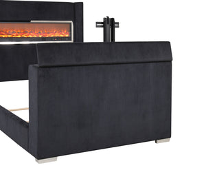 English Elm Black Eastern King Platform Bed Wingback Headboard with Motorized Tv Lift Fireplace Black,Multi B2741S00798