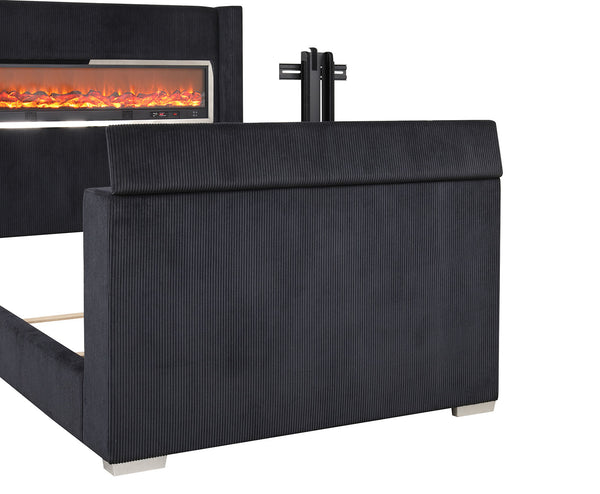 English Elm Black Eastern King Platform Bed Wingback Headboard with Motorized Tv Lift Fireplace Black,Multi B2741S00798