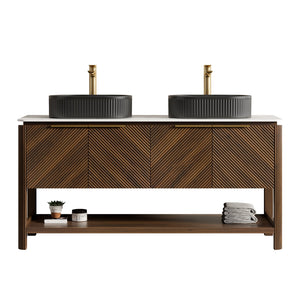 English Elm Dina 60 Inch Floating Bathroom Vanity Sintered Stone Top Dual Glass Basins Wood Grain W2615S00724