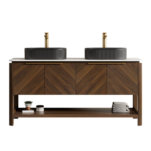 English Elm Dina 60 Inch Floating Bathroom Vanity Sintered Stone Top Dual Glass Basins Wood Grain W2615S00724