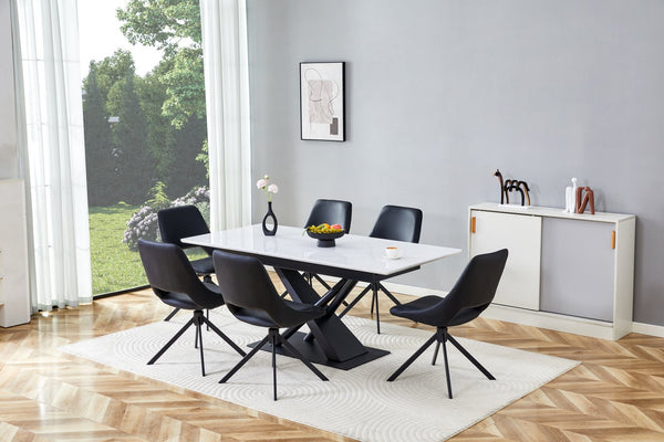 English Elm Modern Extendable Dining Table with Walnut MDF Veneer Top, Dual V-Shaped Metal Base, Sleek Durable Design White Marble W3493S00006