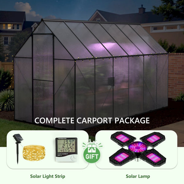 English Elm 6x12 Walk-in Polycarbonate Greenhouse Aluminum Frame Uv Protected Year-round Garden Shed W2259S00048