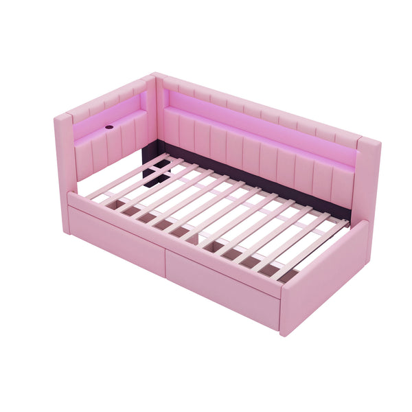 English Elm Upholstered Twin Platform Bed with USB Ports, LED Light Belt, Linen Backrest & 2 Storage Drawers Pink DL001926AAH