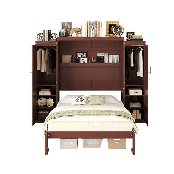 English Elm Full Full Size Murphy Bed with Two Wardrobes and Foldable Platform, Space-Saving Modern Guest Solution Walnut 84.9 L x 12 W x 7 H N733S235596D