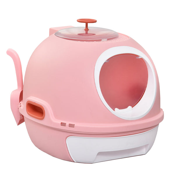 English Elm PawHut Space Capsule Covered Cat Litter Box with Removable Tray, Front Door Access & Odor Control Pink W2225P229457